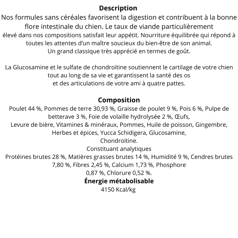 composition des Croquettes Sans Céréales pour Petit Chien Adulte en 12Kg
