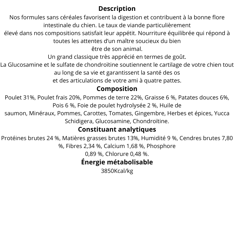 composition des Croquettes chiens séniors au poulet frais sans céréales en 12Kg
