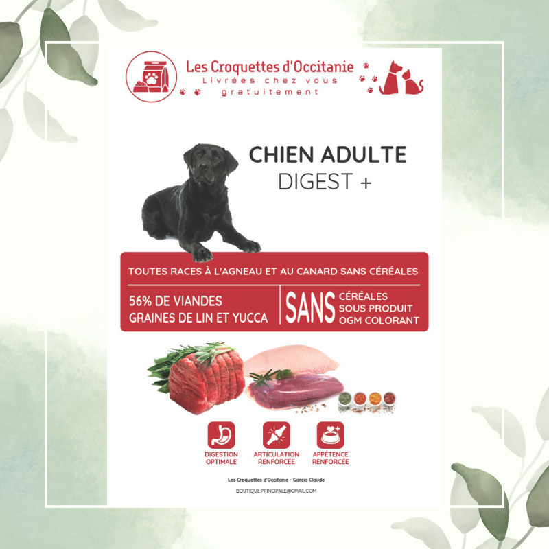 Croquettes Chien sans céréales  DIGESTION  à l'Agneau et au Canard 12Kg