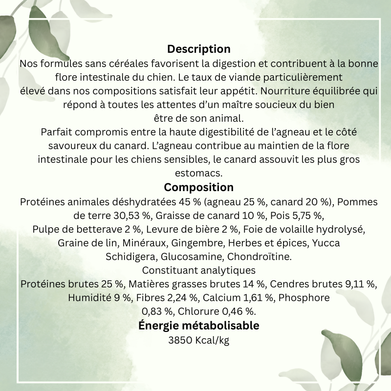 composition des Croquettes Chien adulte DIGESTION  à l'Agneau et au Canard 12Kg